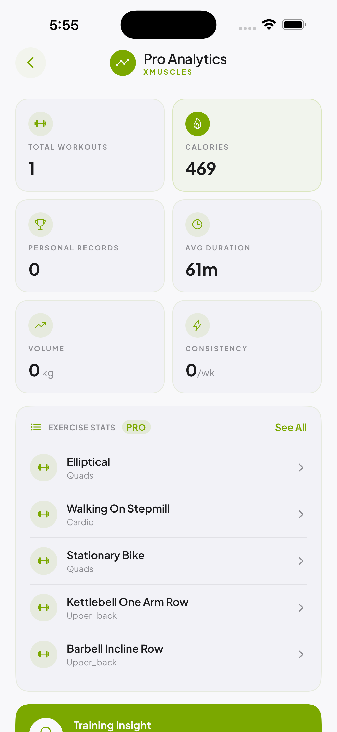 Workout Analytics — volume trends, streaks, and muscle breakdown