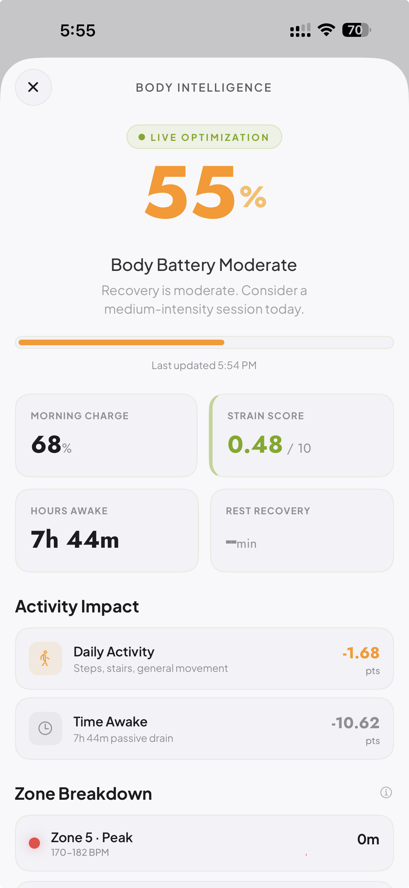 Body Battery — real-time readiness score with recovery breakdown