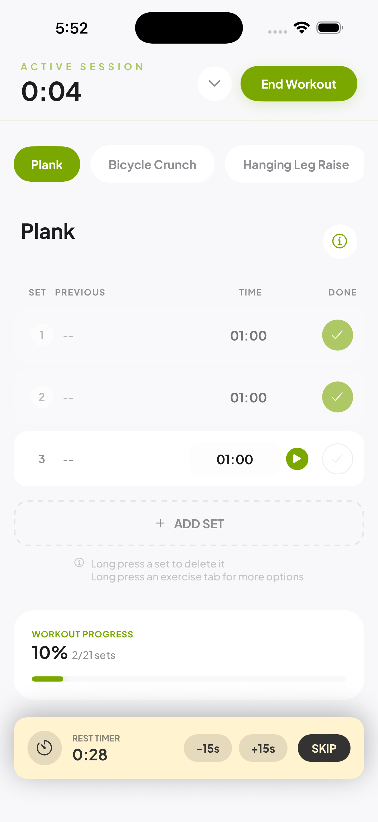 Active Workout — real-time set tracking with rest timers